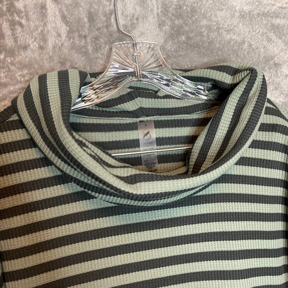 Lou Grey Women Green Striped Cowl Neck Slouchy Stretch Relaxed Waffle Knit Top S - Picture 5 of 9